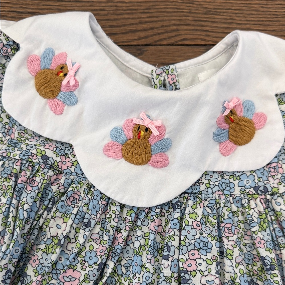 Cecil and Lou Liberty Print Girls' Dress with Embroidered Turkeys 3T - Picture 3 of 5